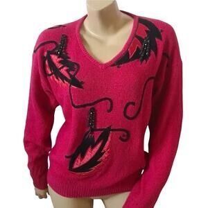 AMILANO Womens Size Medium Beaded Silk Blend 80s Vintage Pullover V Neck Sweater